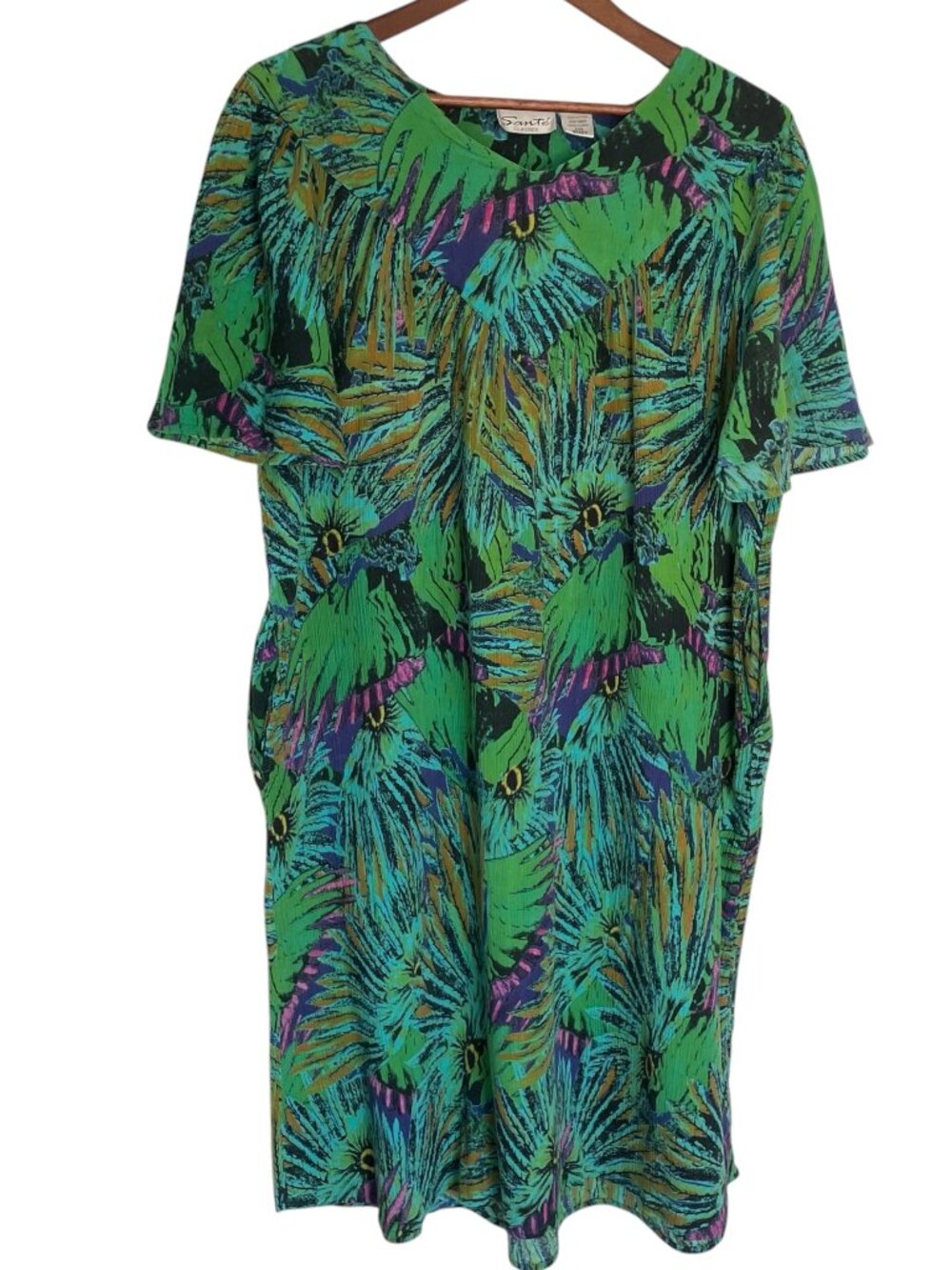 Sante Classics Caftan Mumu Dress One Size Green Tropical Palm Leaf Print Lounge